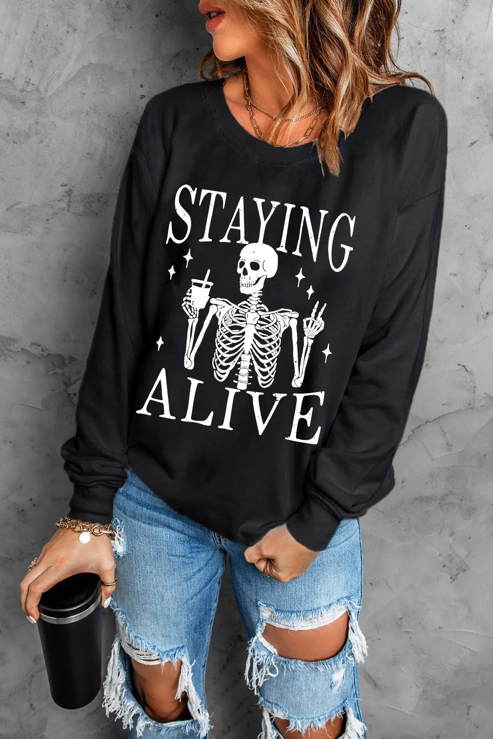 Skull Graphic Round Neck Long Sleeve Sweatshirt - Lilixa.store