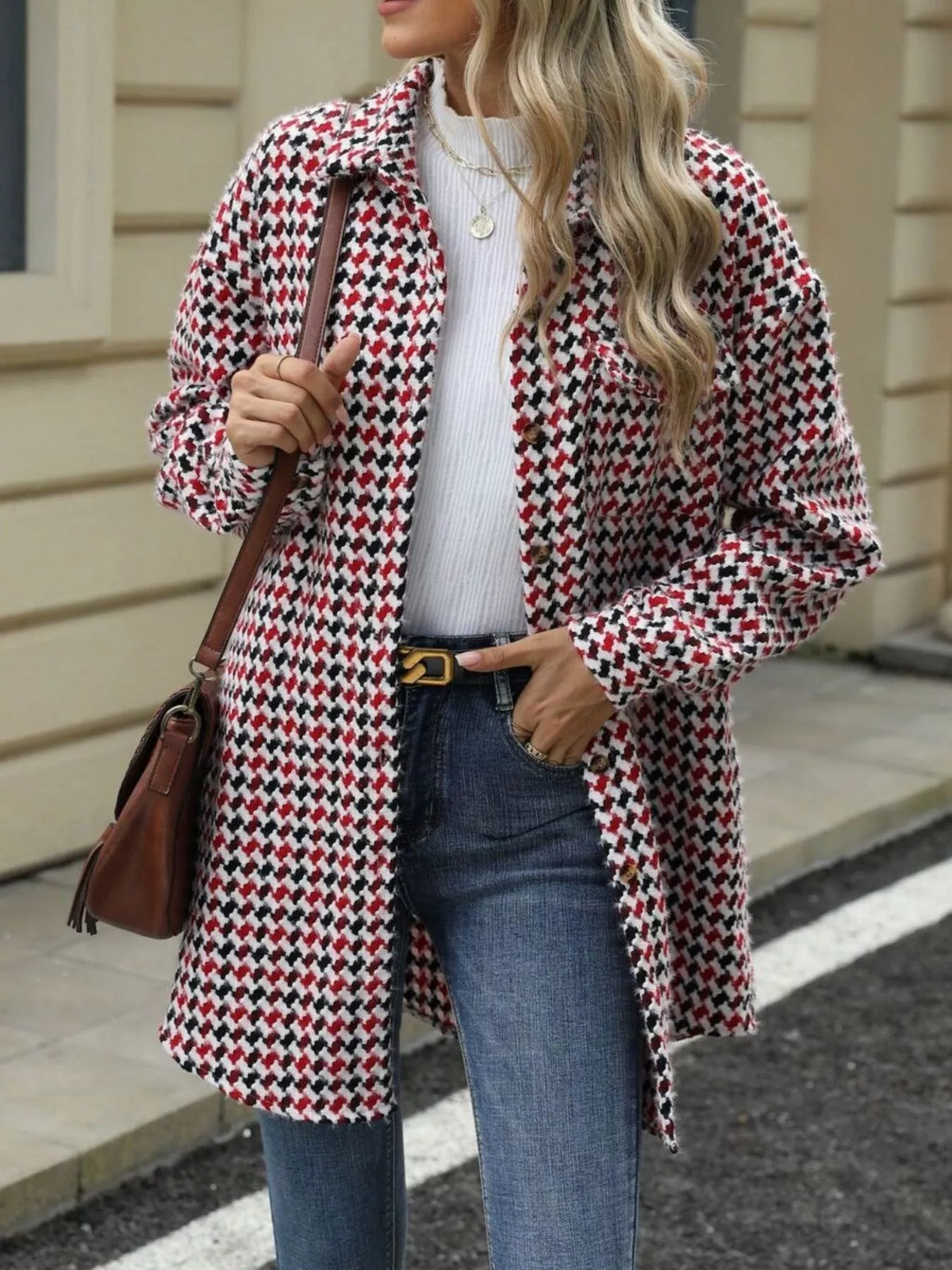 Houndstooth Button Up Long Sleeve Coat, view 7