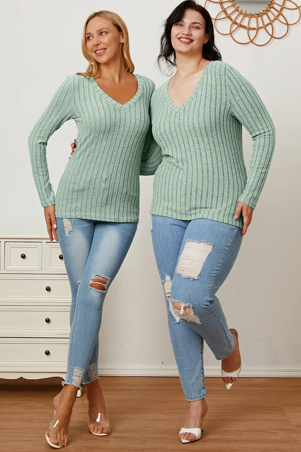 Basic Bae Full Size Ribbed V-Neck Long Sleeve T-Shirt - Lilixa.store