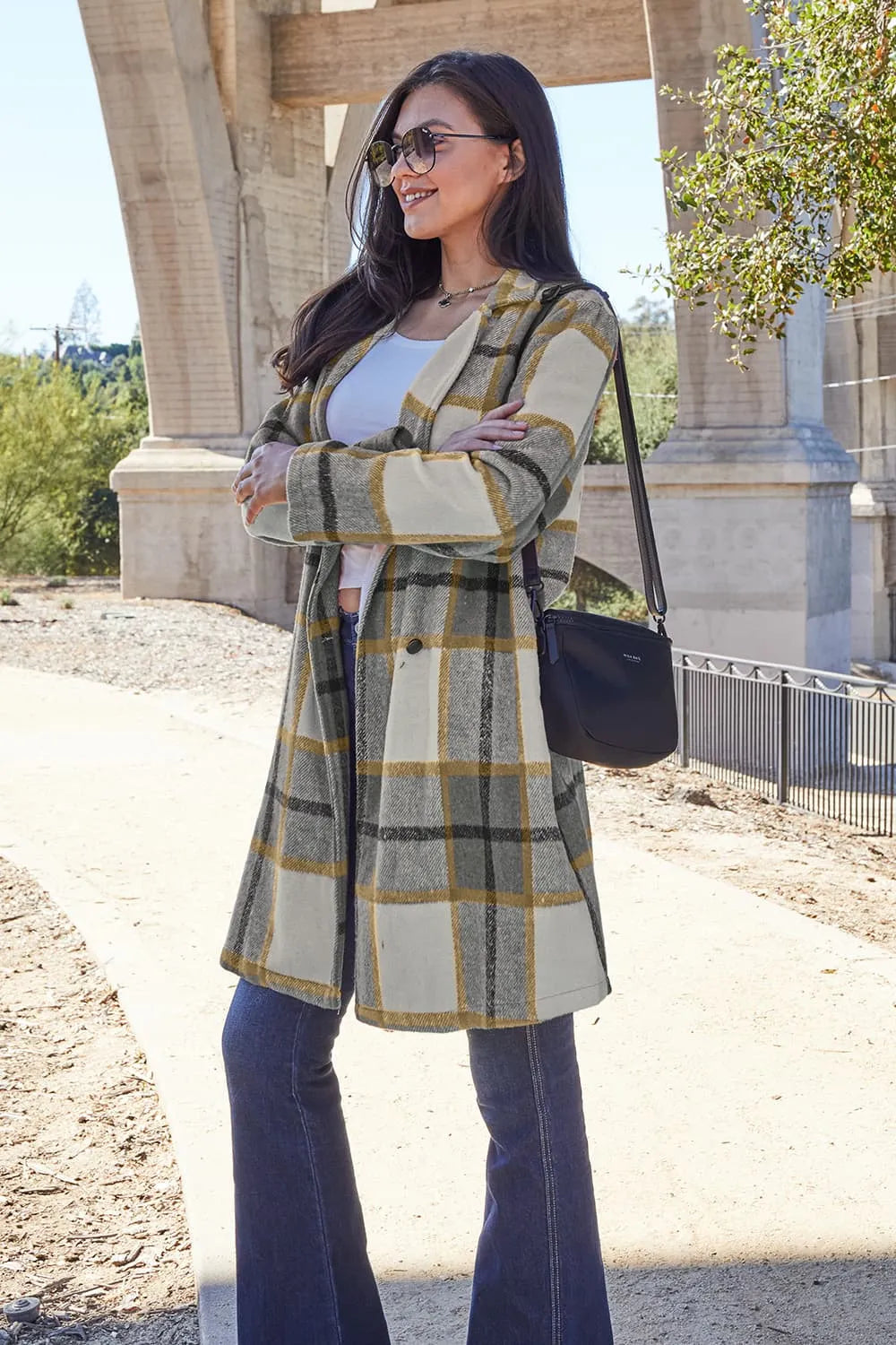 Double Take Full Size Plaid Button Up Lapel Collar Coat - Lilixa.store