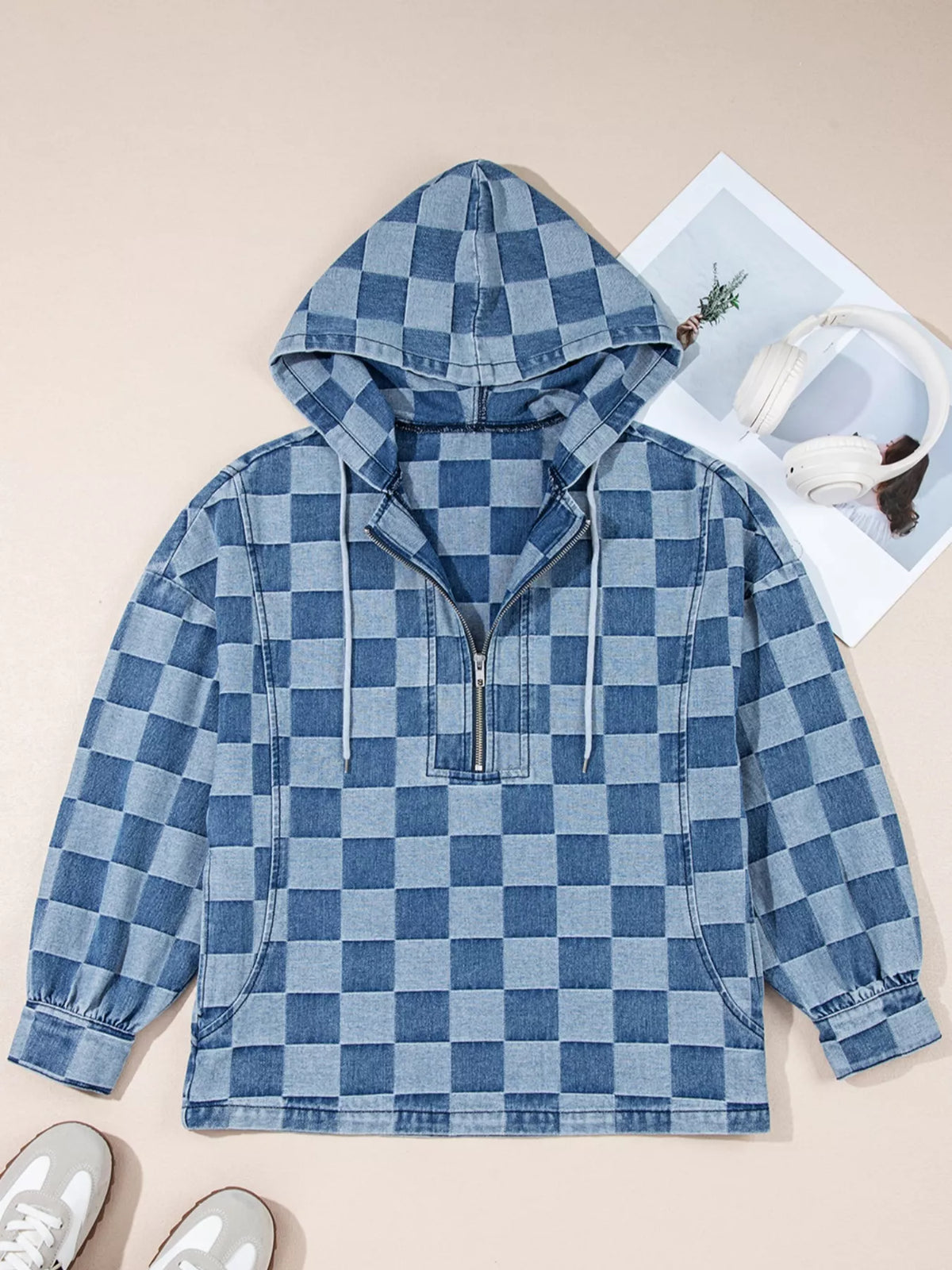 Checkered Half Zip Denim Hoodie Top - Lilixa.store