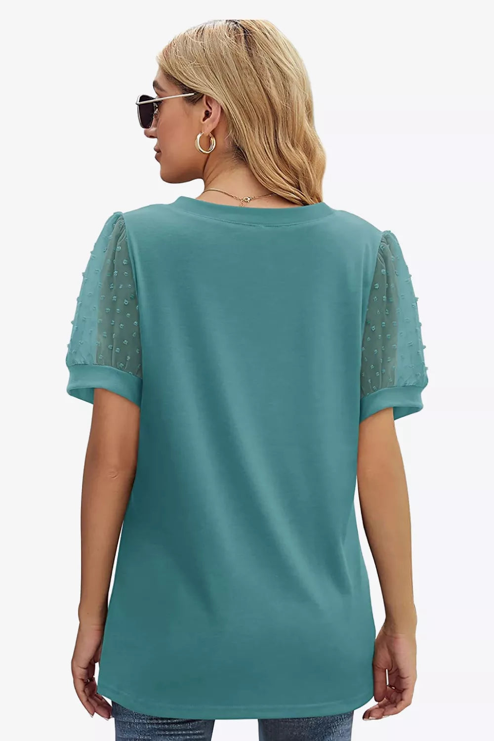 Swiss Dot Puff Sleeve V-Neck Tee - Lilixa.store