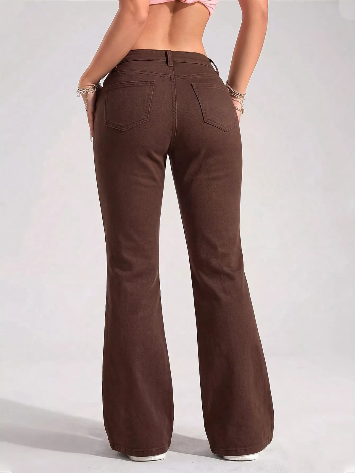 High-Waisted Flare Leg Jeans with Front Pockets in Brown, view 5
