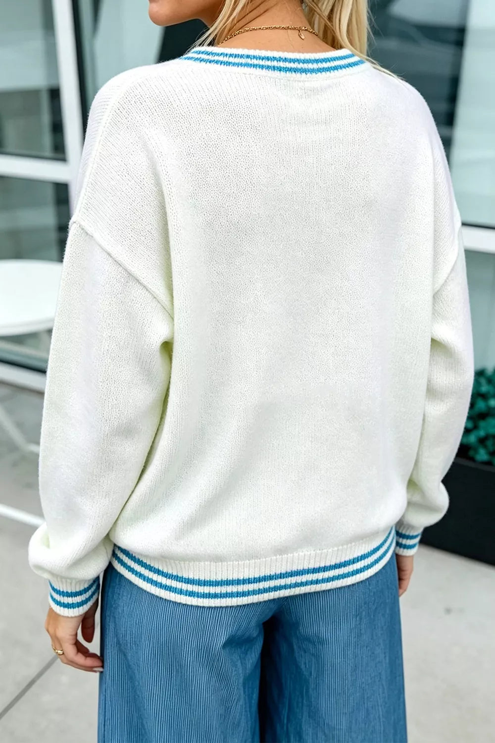 Bulldog Graphic Striped Trim Sweater - Lilixa.store