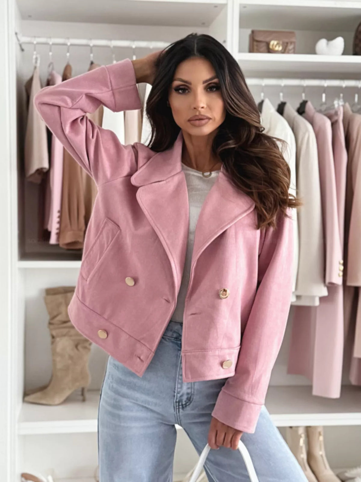 Double-Breasted Lapel Collar Jacket in Pink