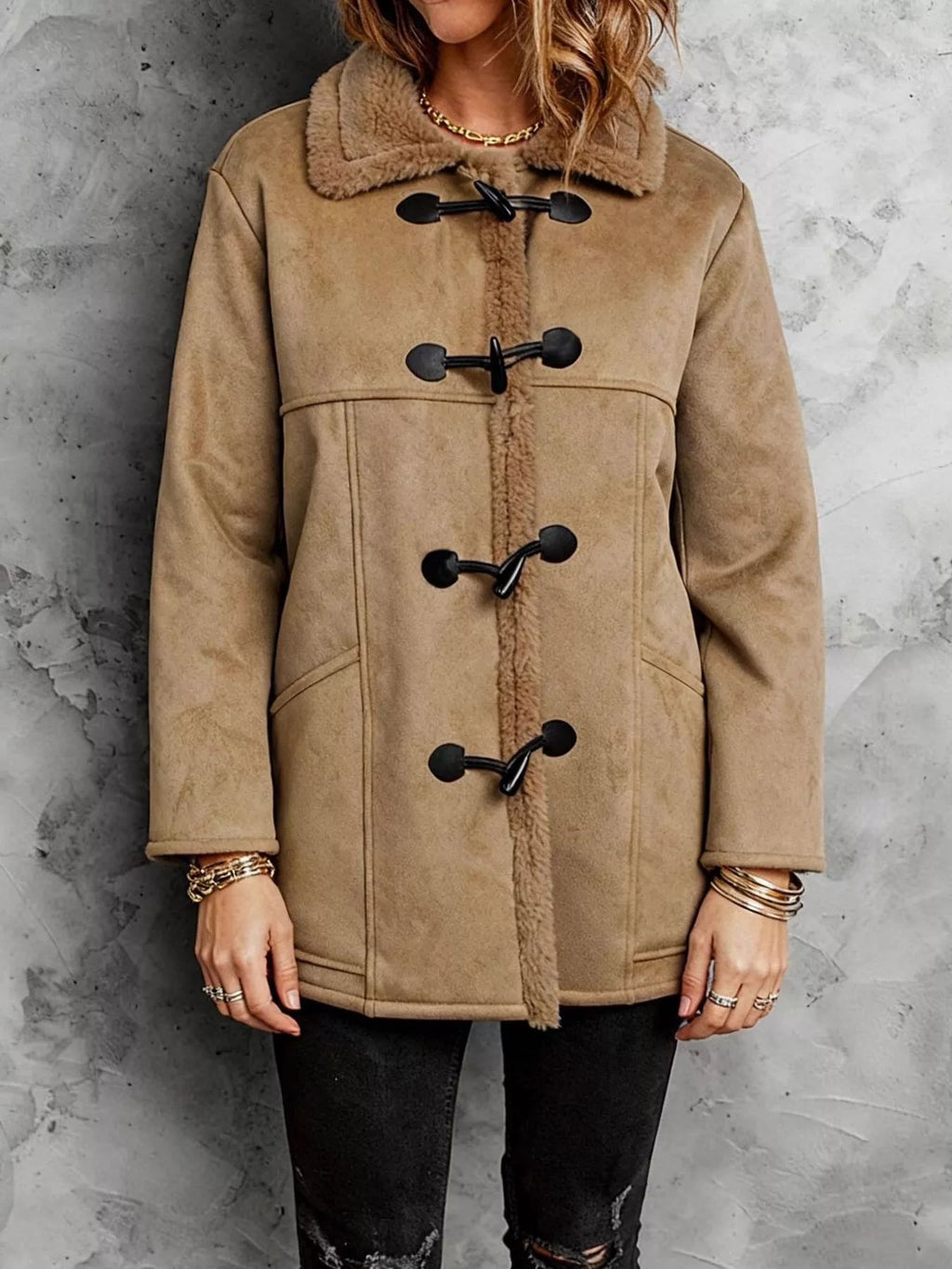 Faux Suede Sherpa Lined Toggle Coat - Lilixa.store