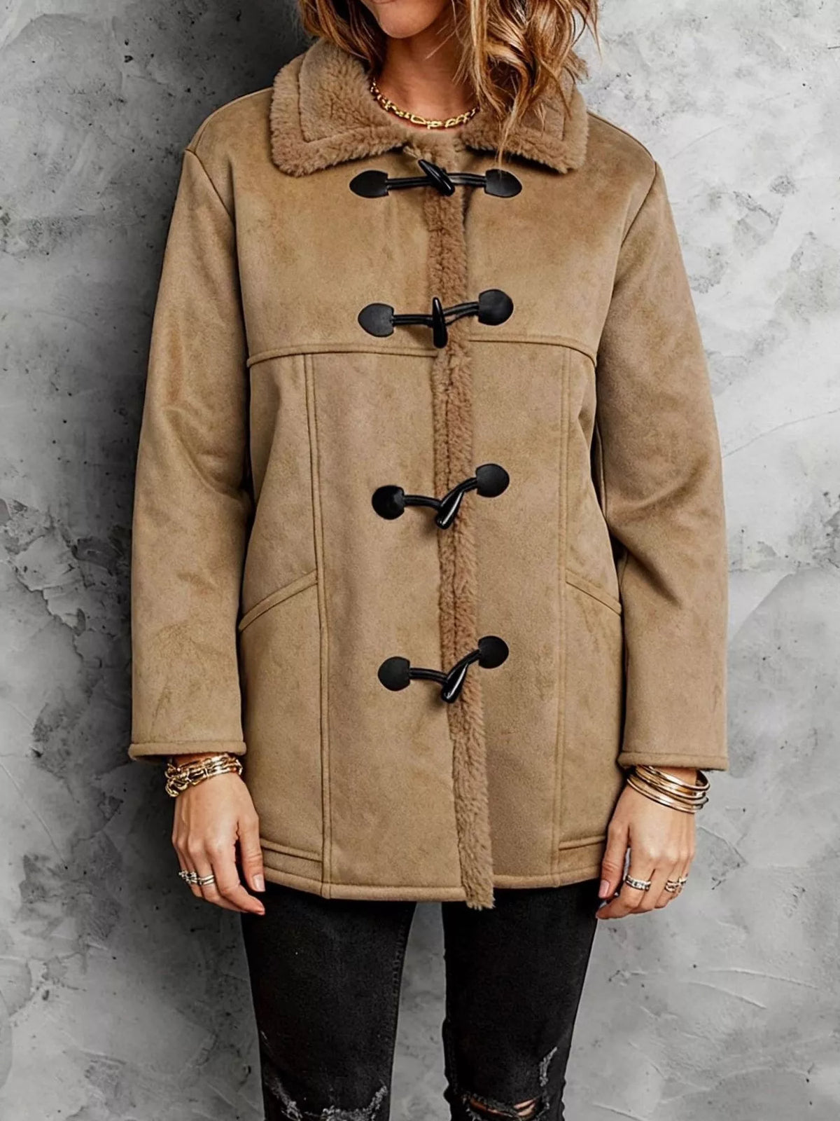 Faux Suede Sherpa Lined Toggle Coat - Lilixa.store