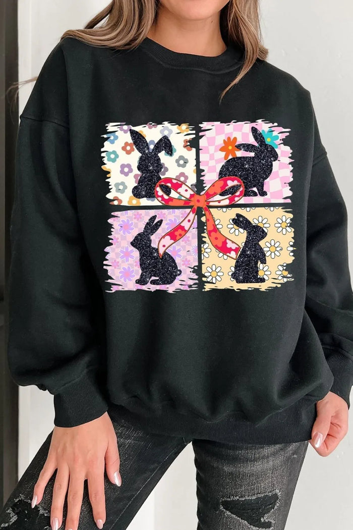 Floral Bunny Plaid Bow Graphic Easter Sweatshirt - Lilixa.store