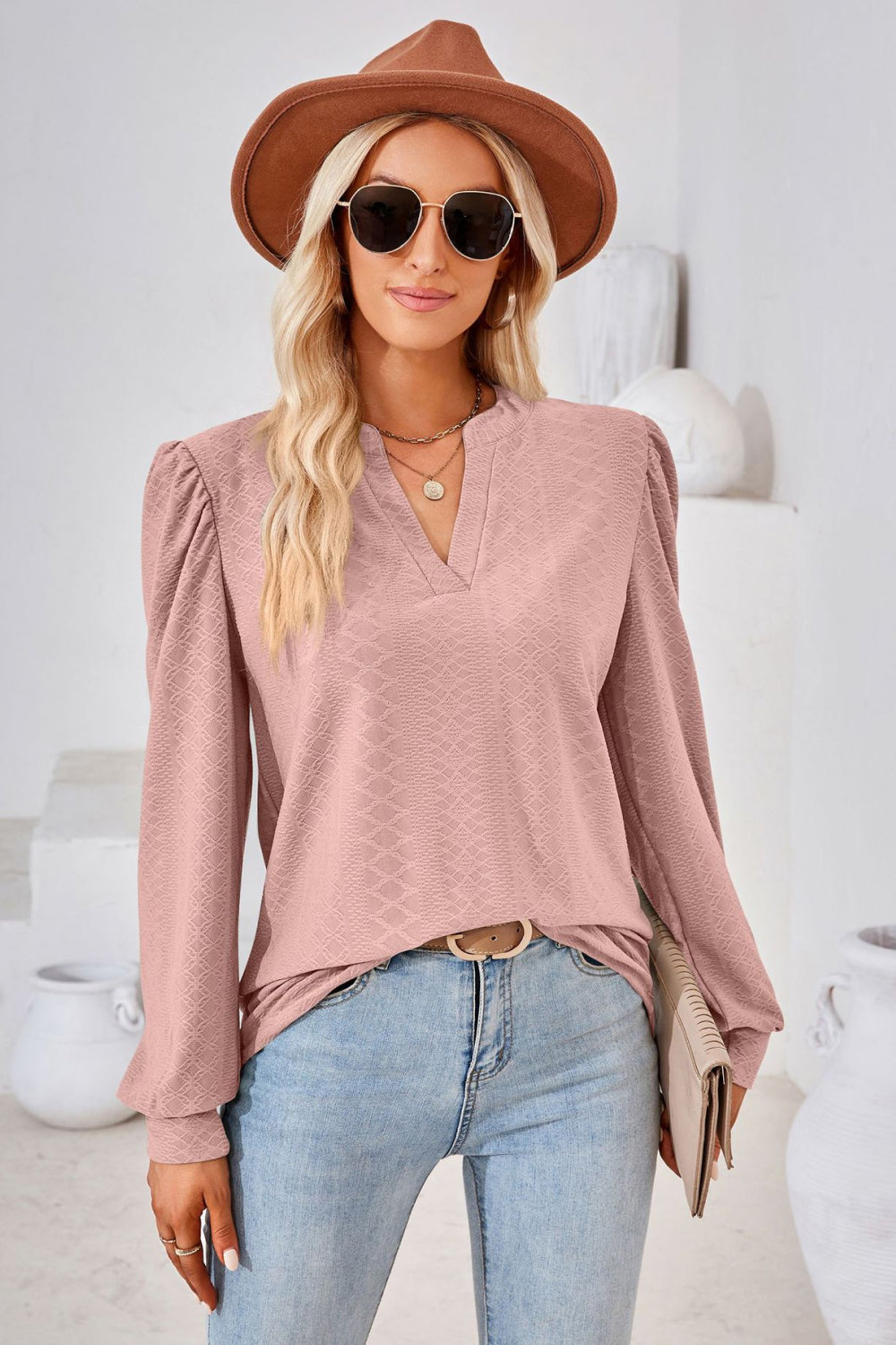 V-Neck Puff Sleeve Blouse in Dusty Pink