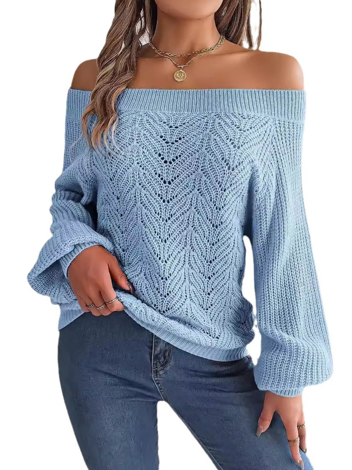 Openwork Off-Shoulder Sweater - Lilixa.store