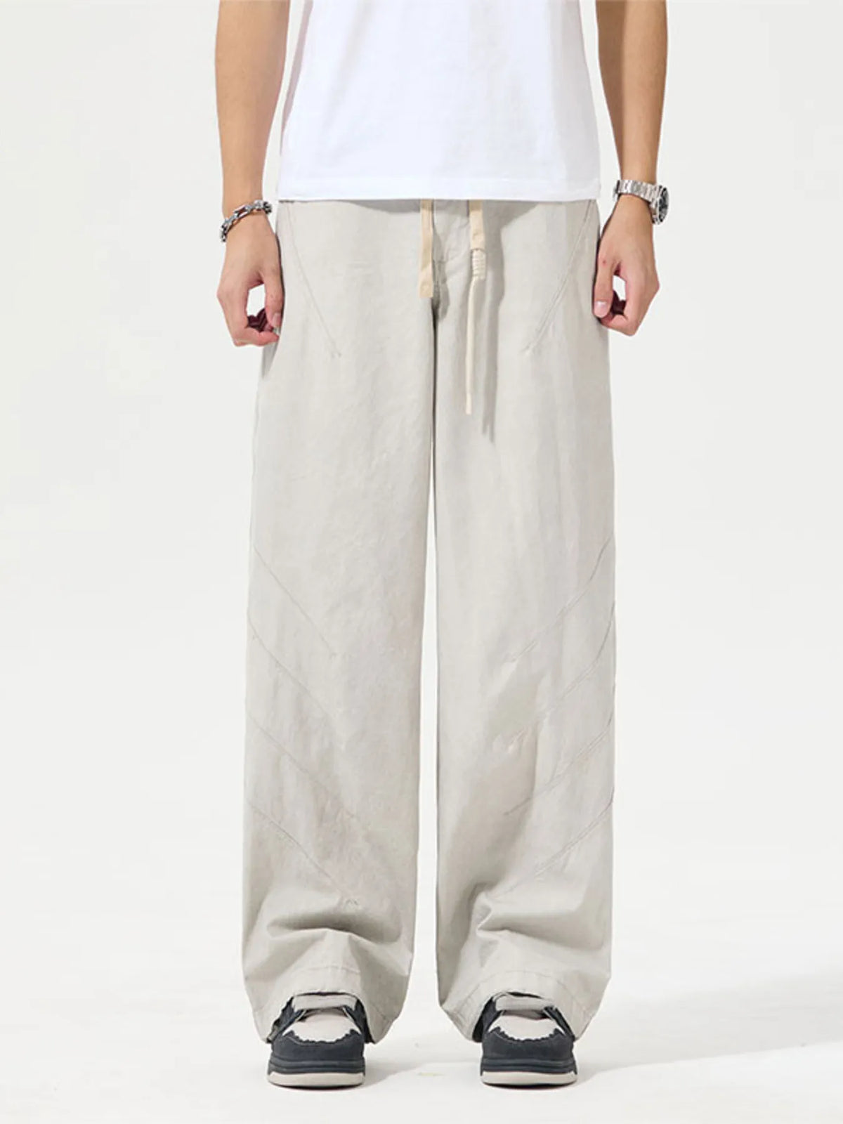 Men's Full Size Wide Leg Drawstring Pants Plus Size in Off-white