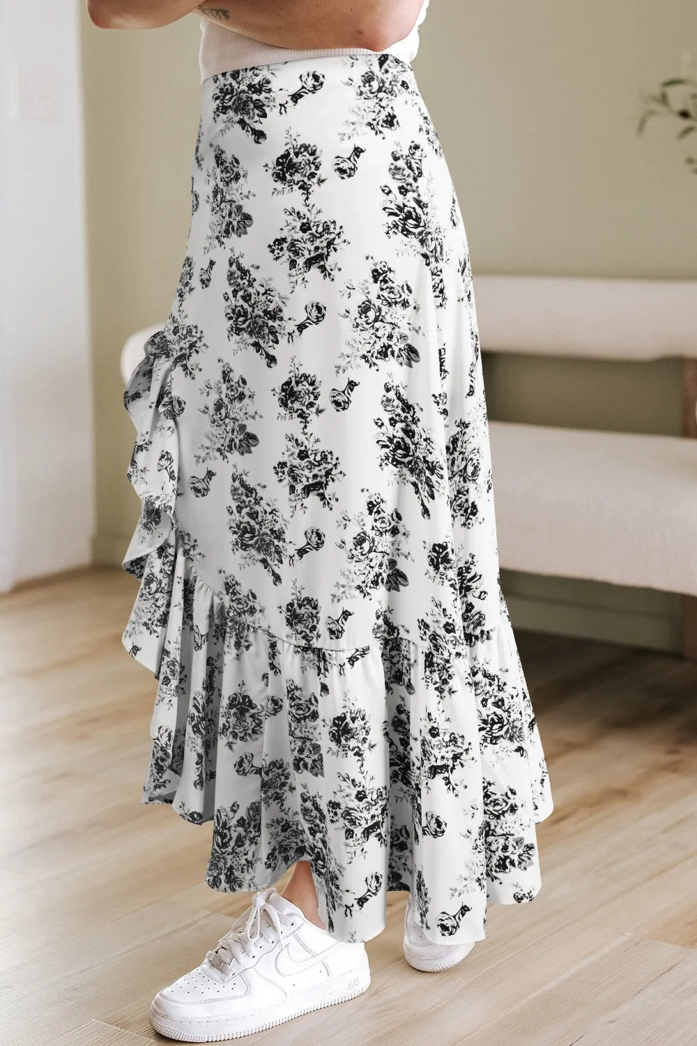 Boho Floral High Waist Ruffle Split Maxi Skirt - Lilixa.store