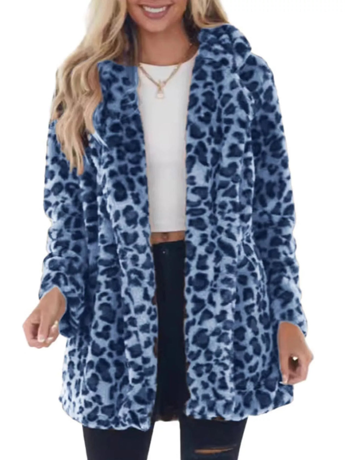 Full Size Leopard Faux Fur Open Front Outerwear Plus Size in Blue