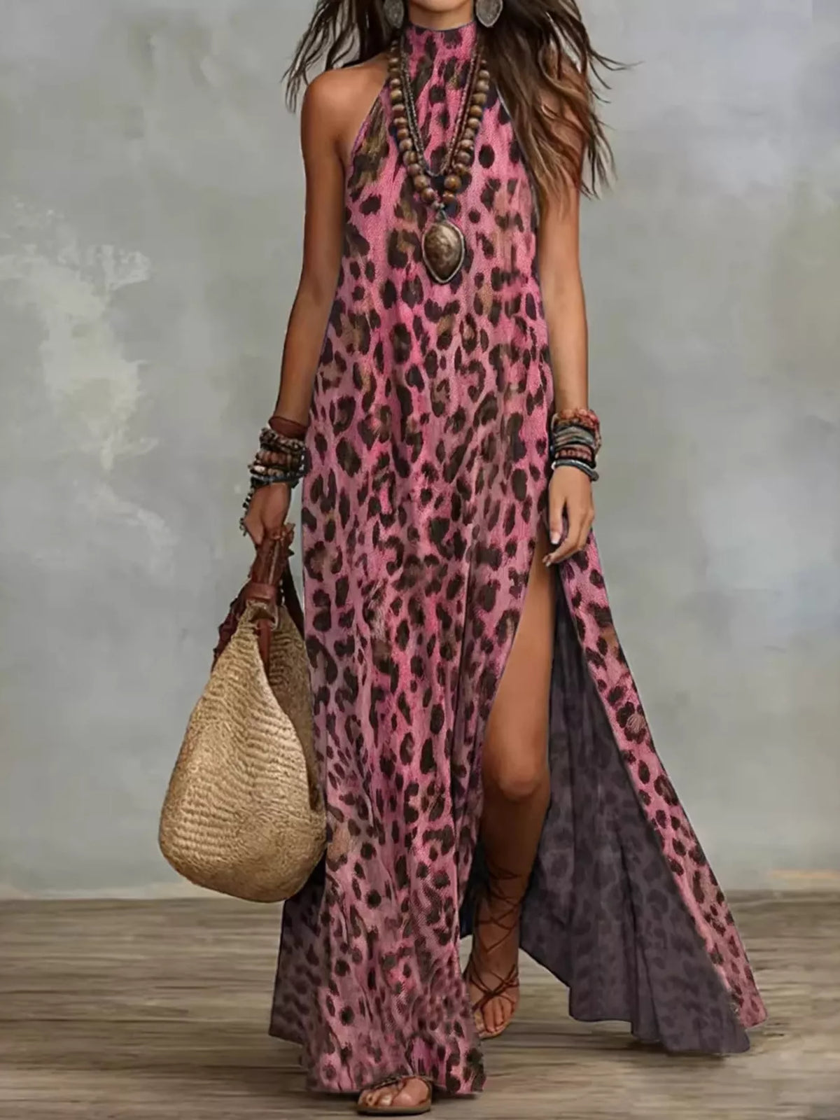 Leopard Print Sleeveless Maxi Dress with Side Slit