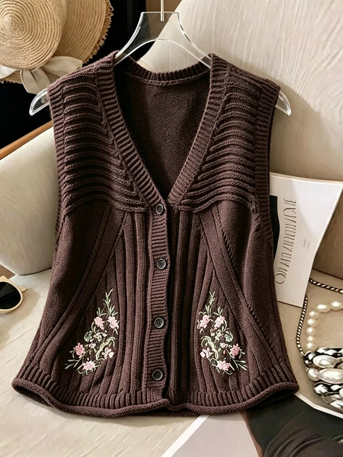Floral Embroidered V-Neck Button-Down Sweater Vest - Lilixa.store