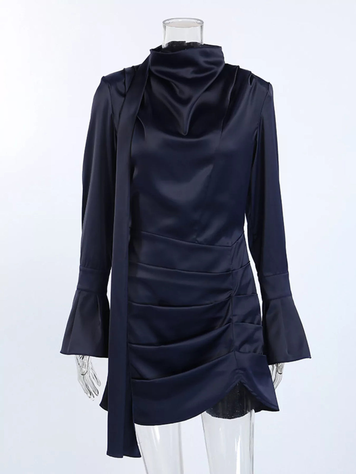 Mock Neck Flounce Sleeve Dress in Dark Navy, view 5