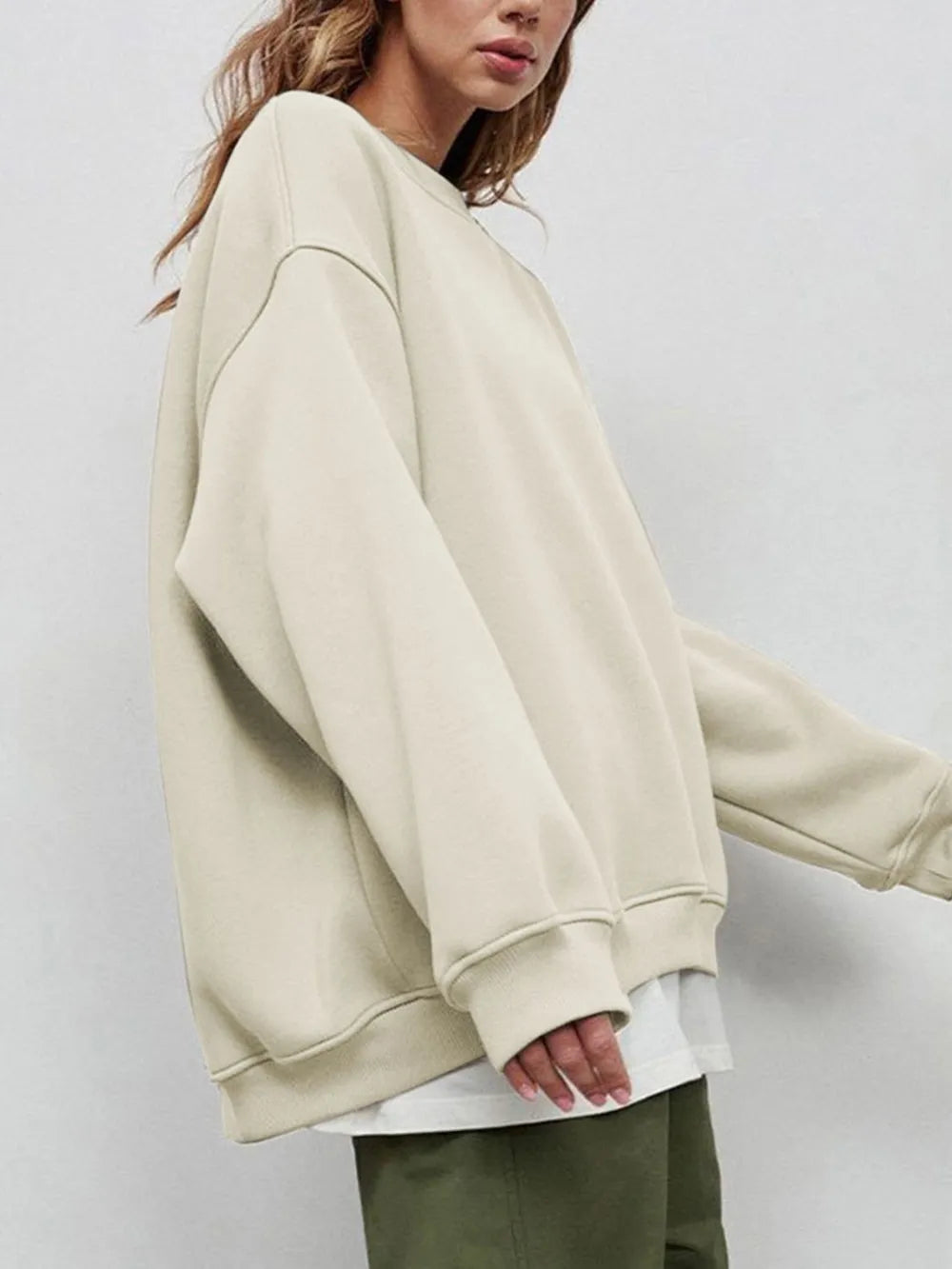 Round Neck Dropped Shoulder Long Sleeve Sweatshirt - Lilixa.store