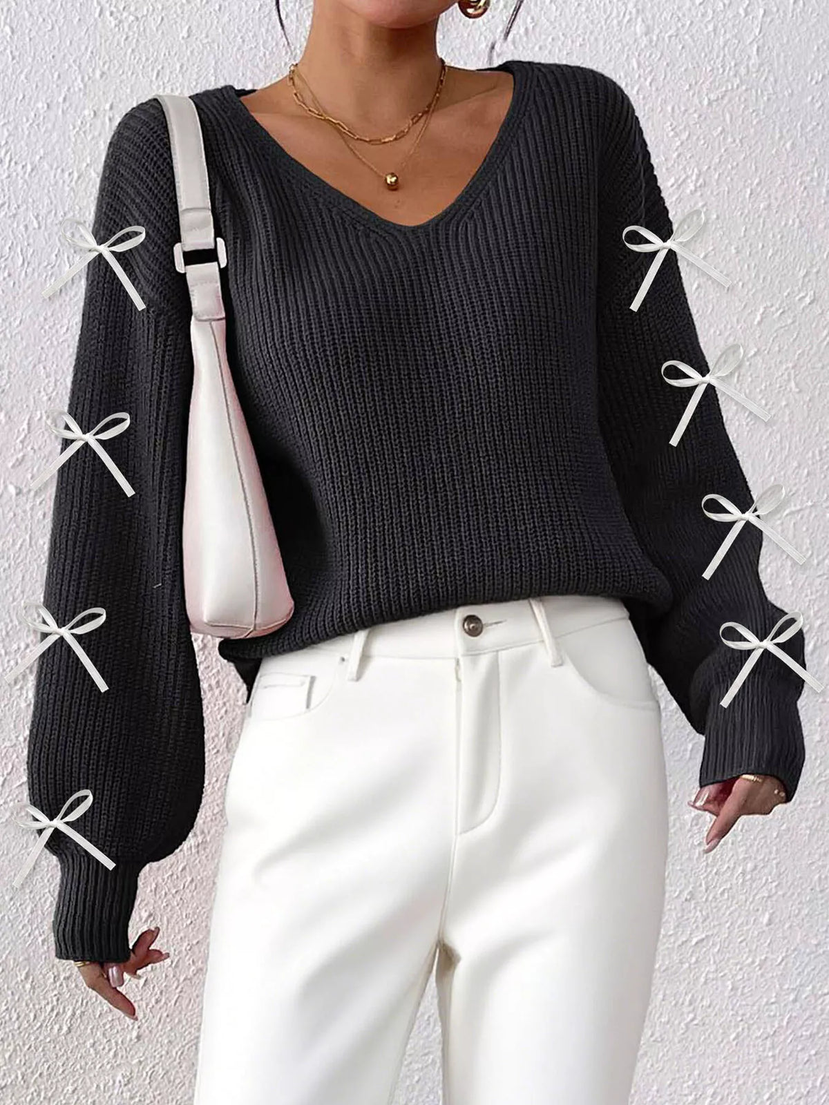 Bow-Tie Sleeve V-Neck Sweater - Lilixa.store