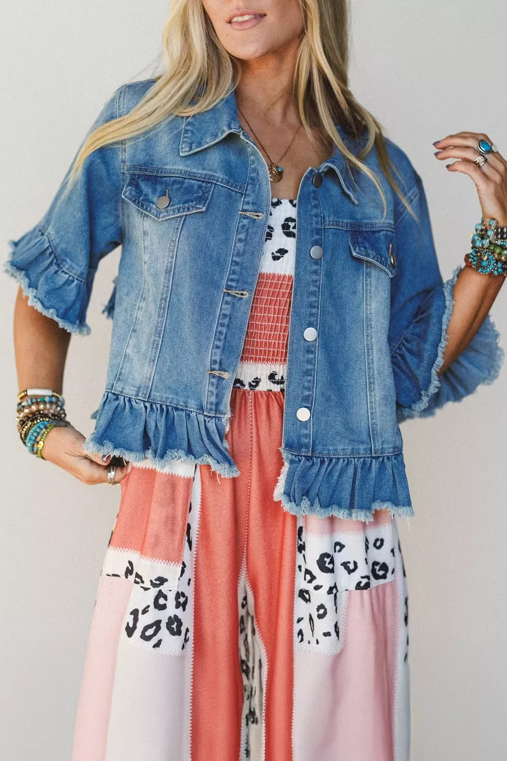 Ruffle Hem Raw Edge Half Sleeve Western Denim Jacket in Dusty Blue