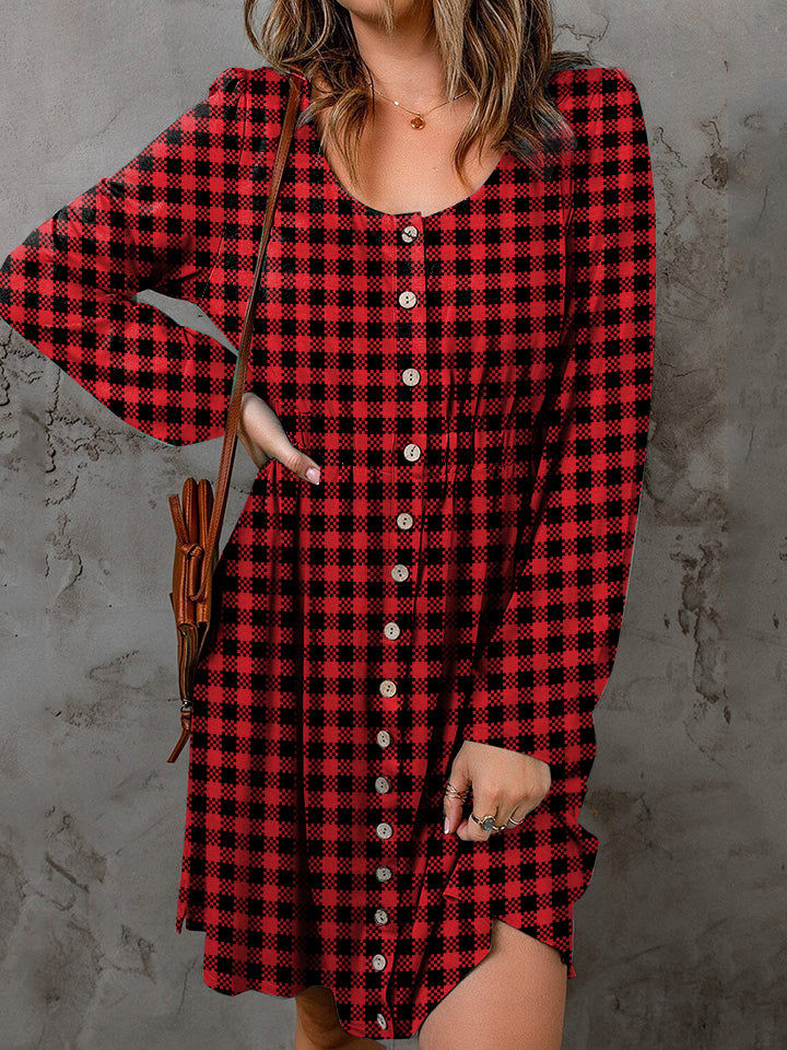 Double Take Full Size Plaid Round Neck Long Sleeve Magic Dress - Lilixa.store