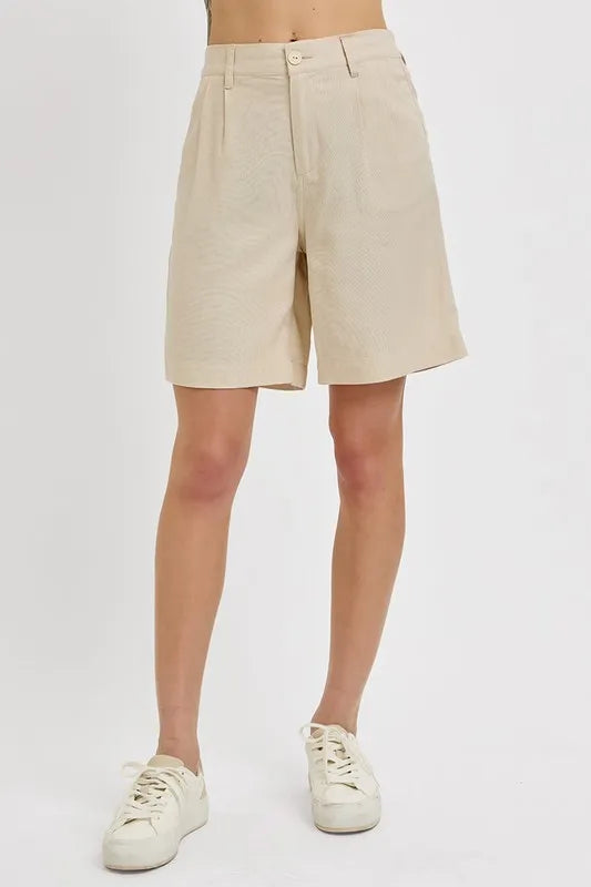 RISEN High Rise Pleated Front Shorts in Taupe