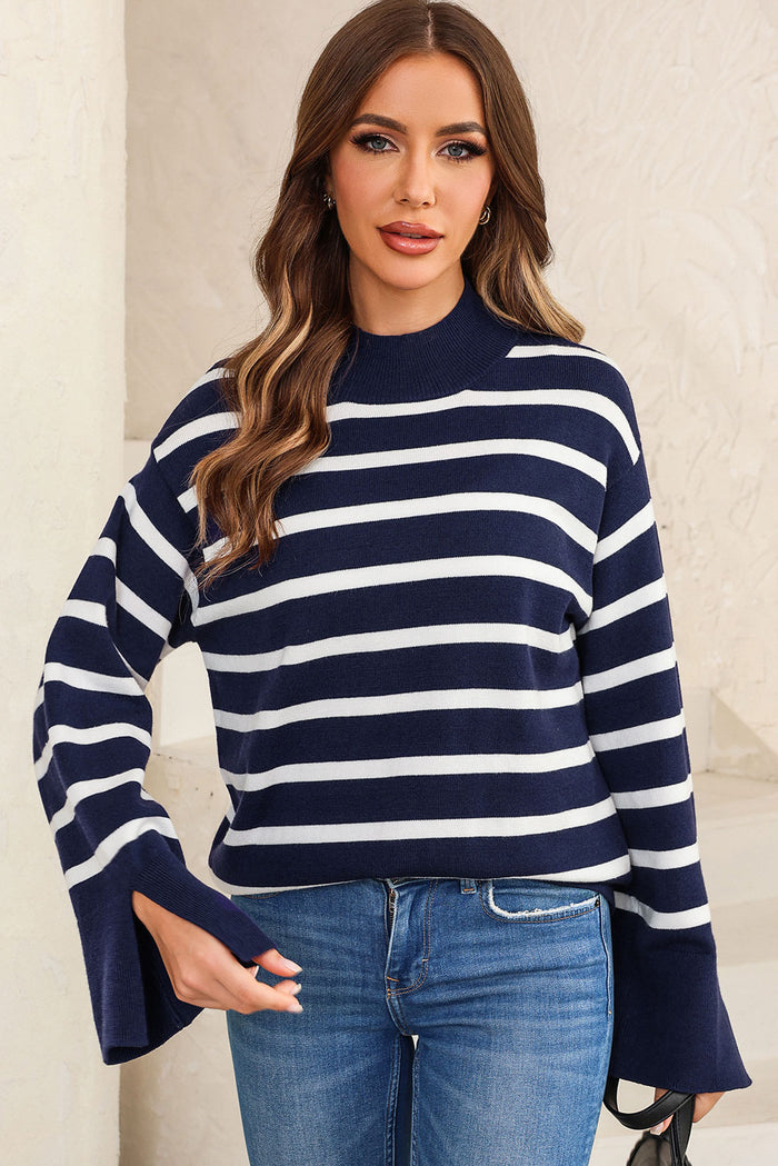 Striped Slit Drop Shoulder Sweater in Navy