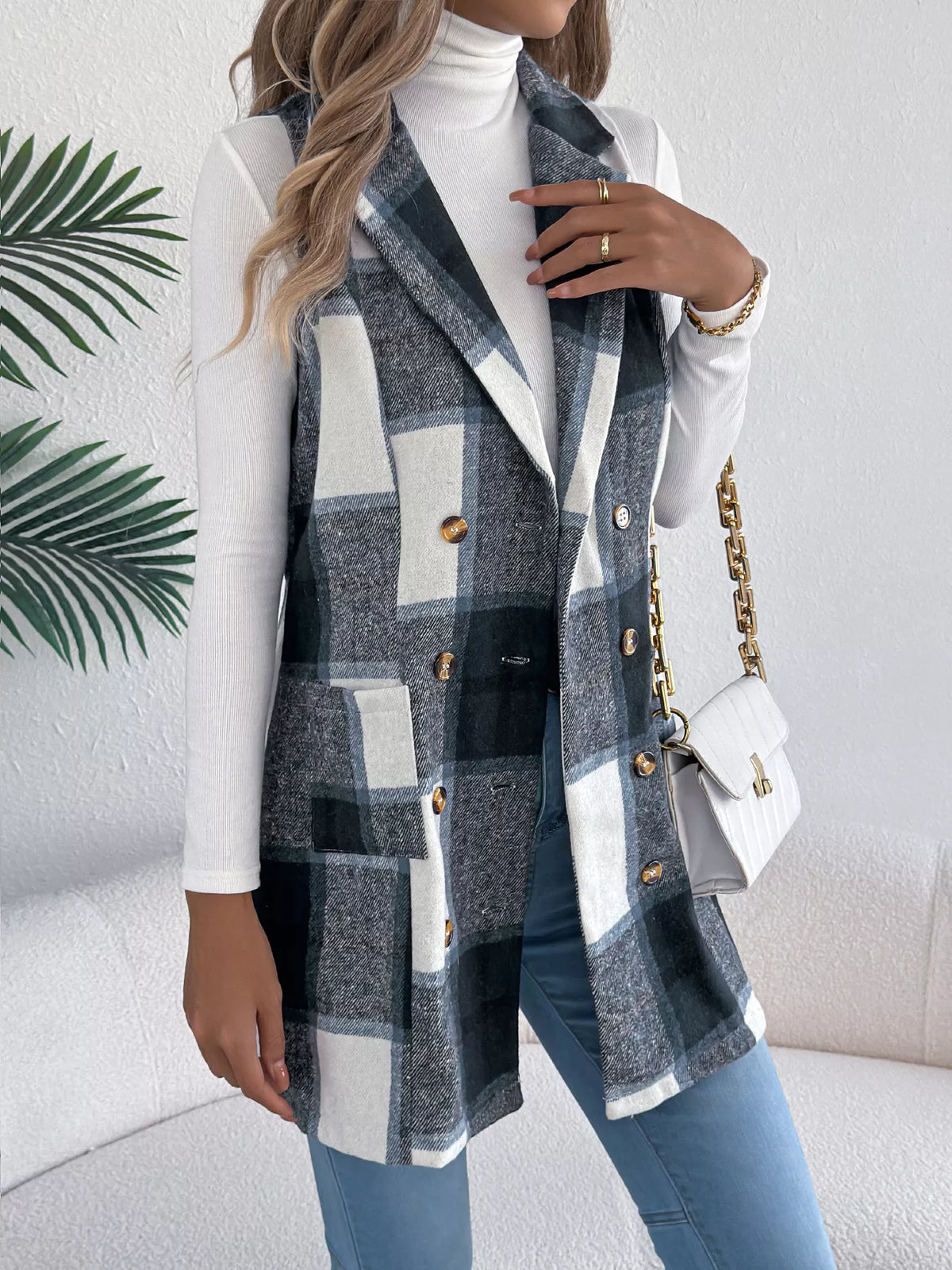 Plaid Double-Breasted Vest Coat - Lilixa.store