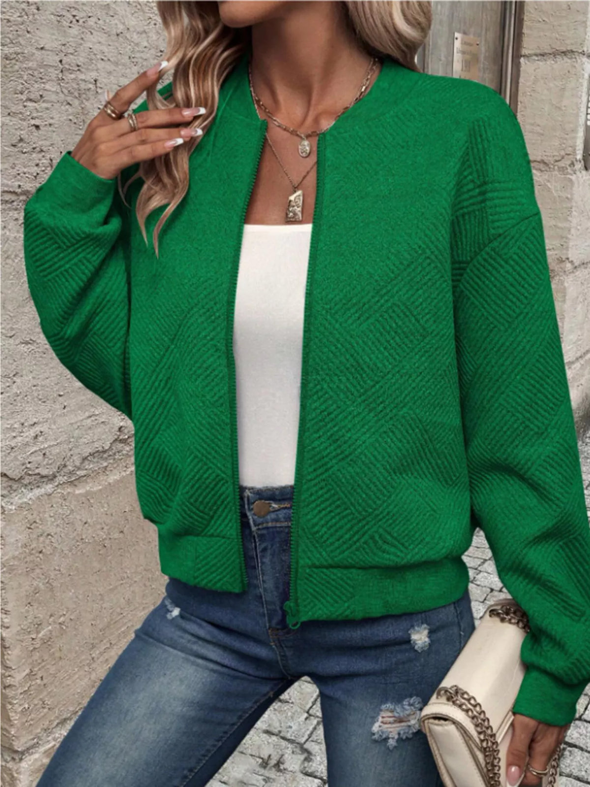Textured Knit Zip-Up Bomber Jacket, view 6