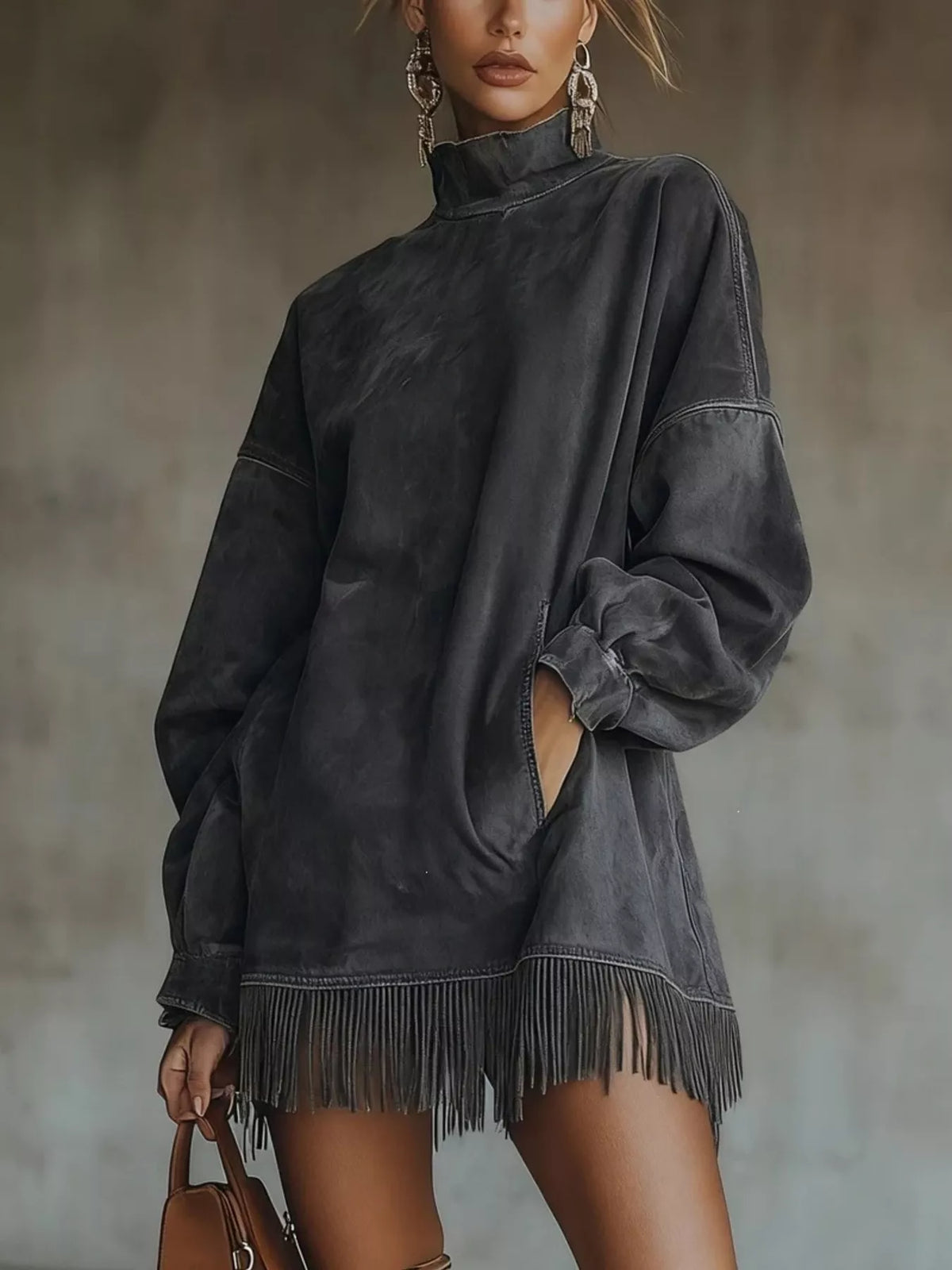 Suede Mock Neck Fringed Mini Dress in Gray