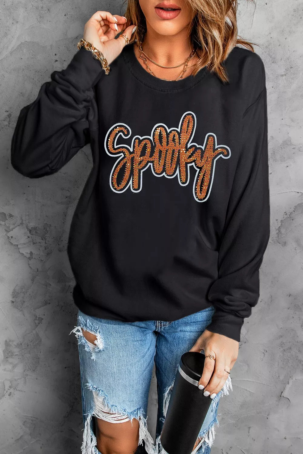 Spooky Rhinestone Drop Shoulder Sweatshirt - Lilixa.store