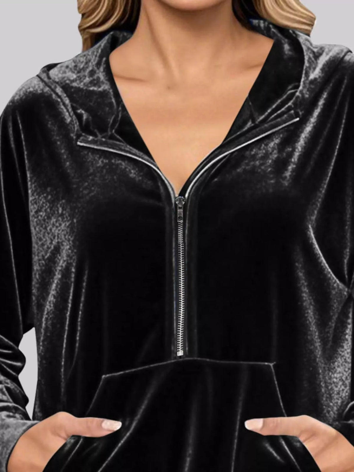 Full Size Velvet Half Zip Hoodie with Kangaroo Pocket Plus Size - Lilixa.store