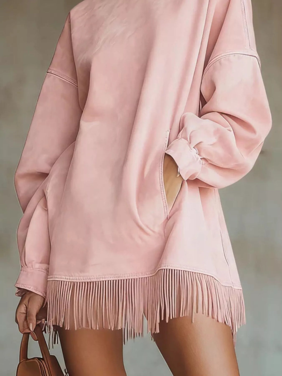 Full Size Mock Neck Fringed Hem Long Sleeve Mini Dress Plus Size