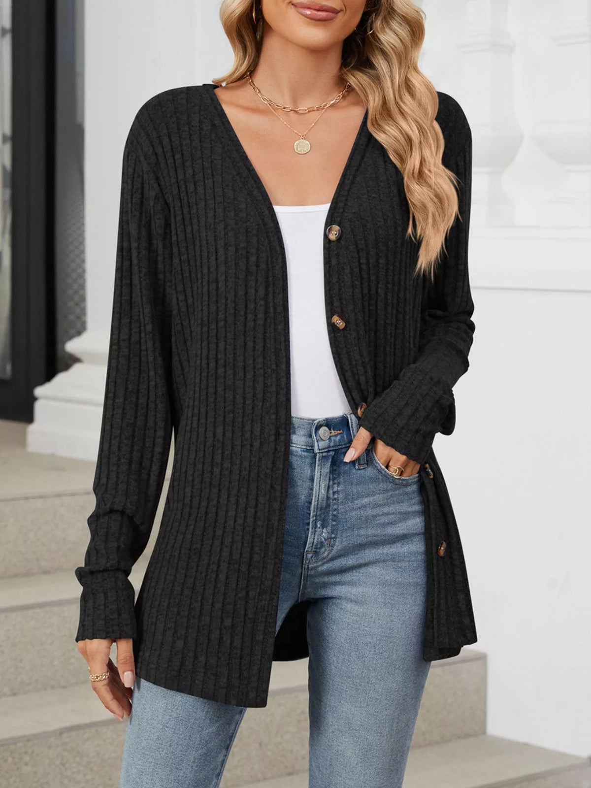 Ribbed Button-Up Cardigan - Lilixa.store