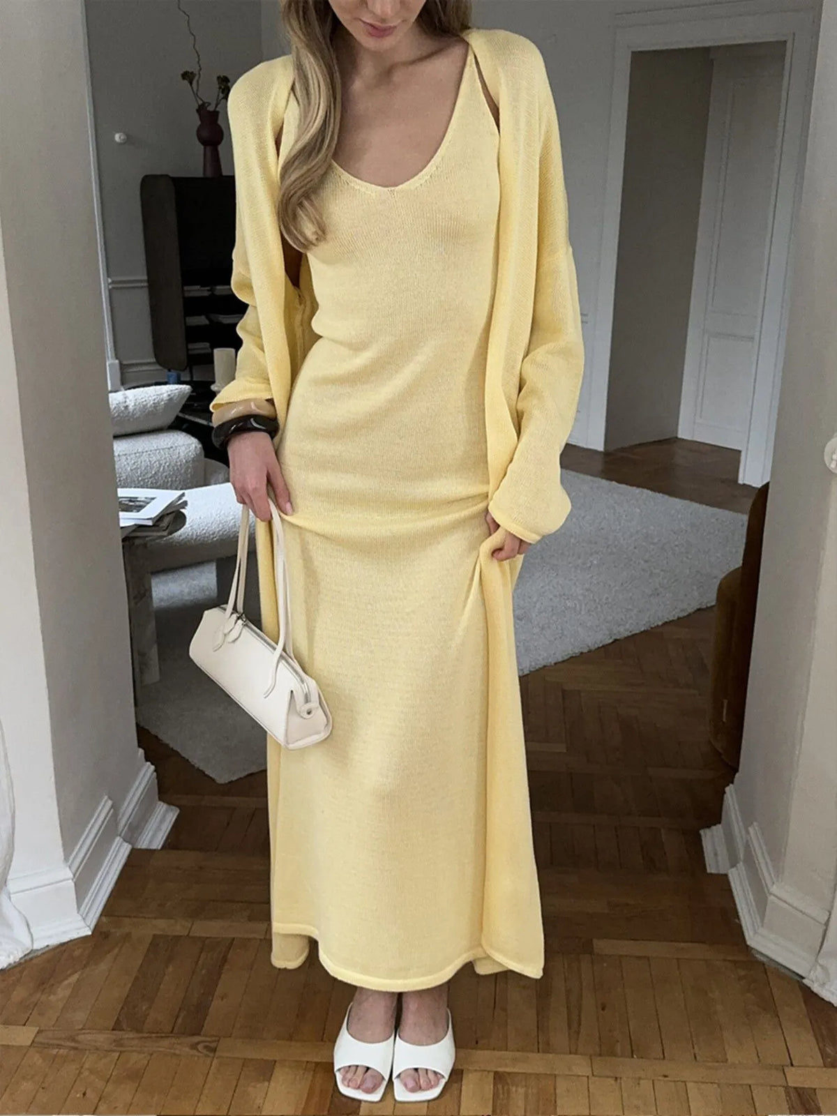 V-Neck Knit Dress and Cardigan Sweater Set in Pastel Yellow