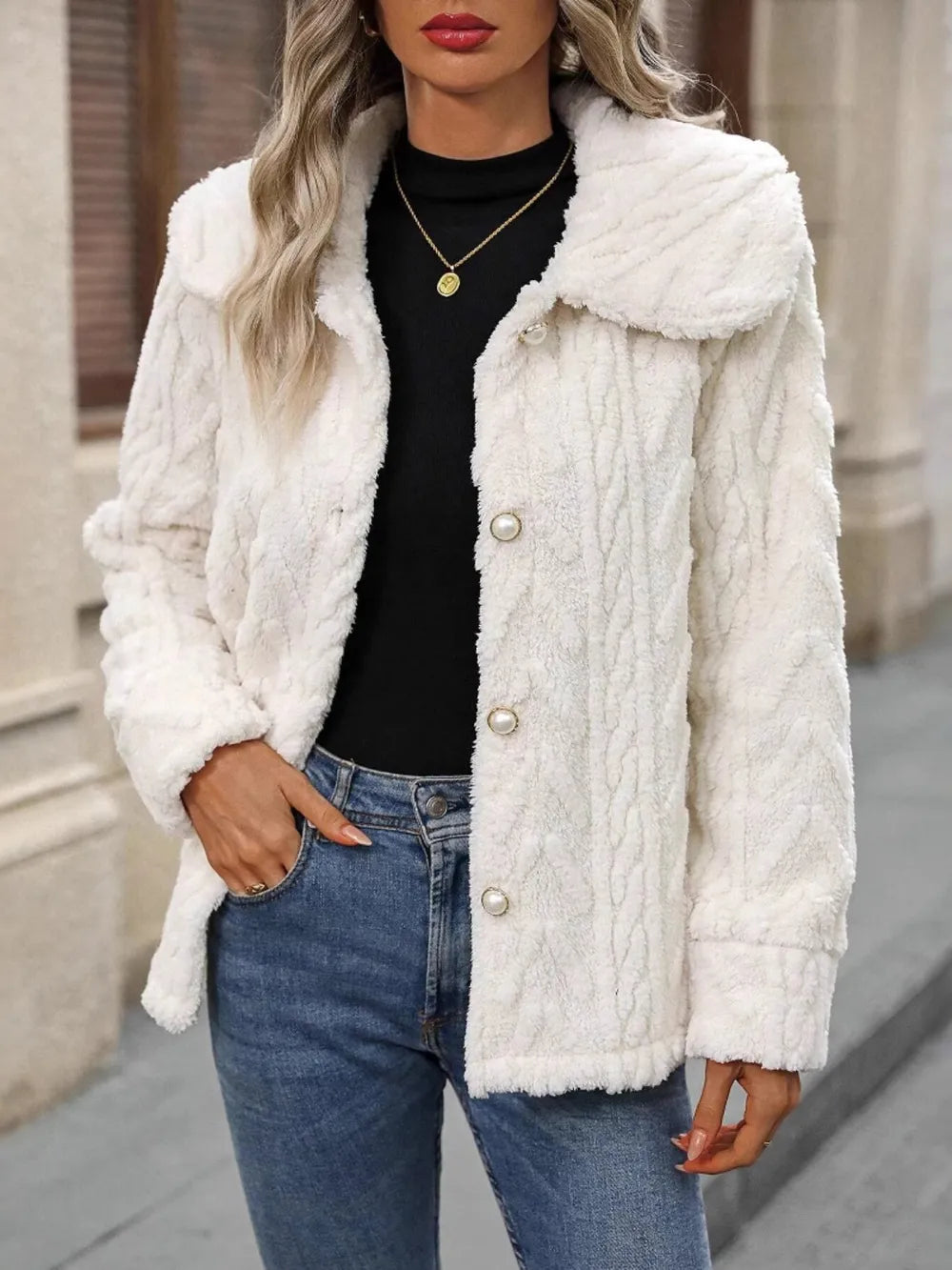 Fuzzy Texture Button Up Collared Neck Coat in Cream