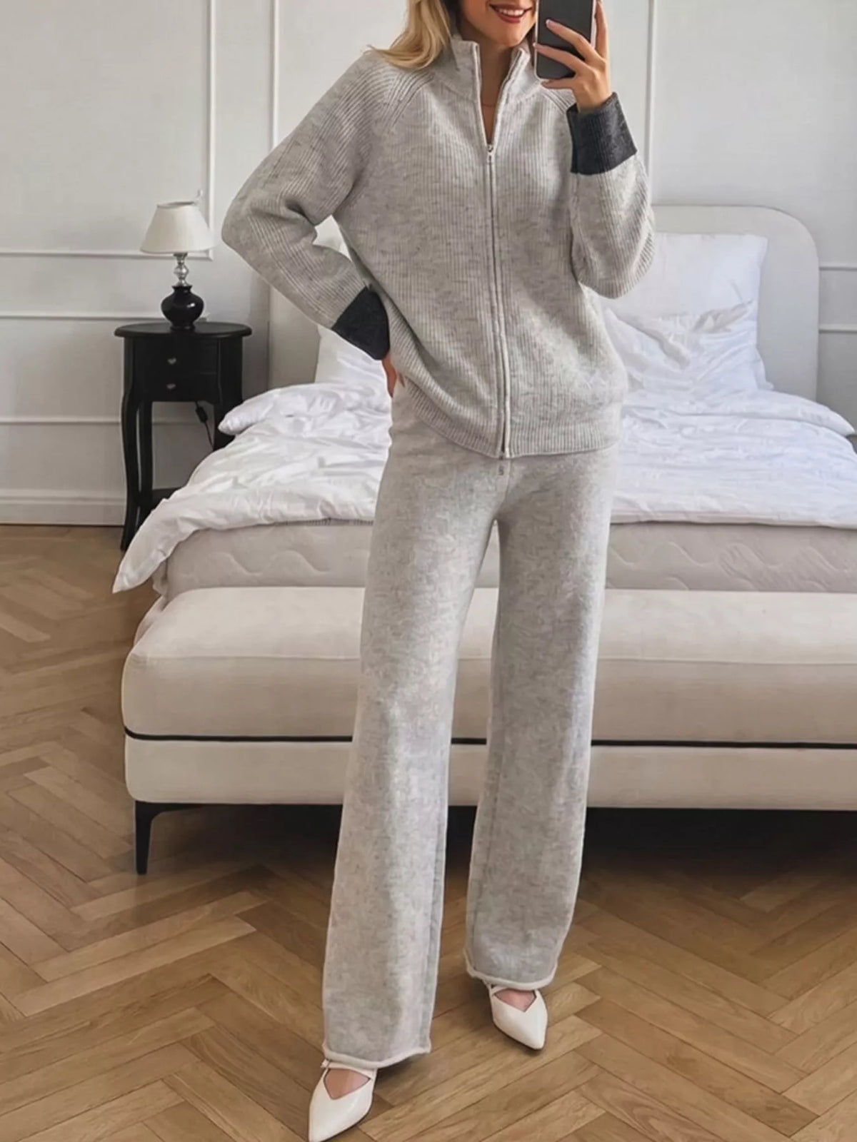 Zip-Up Contrast Cuff Cardigan and Pants Sweater Set, view 6