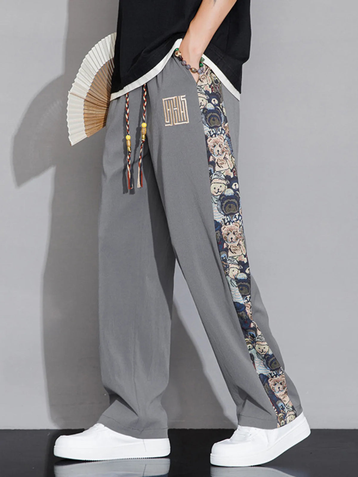 Men's Full Size Printed Side Stripe Loose Pants Plus Size in Dark Gray