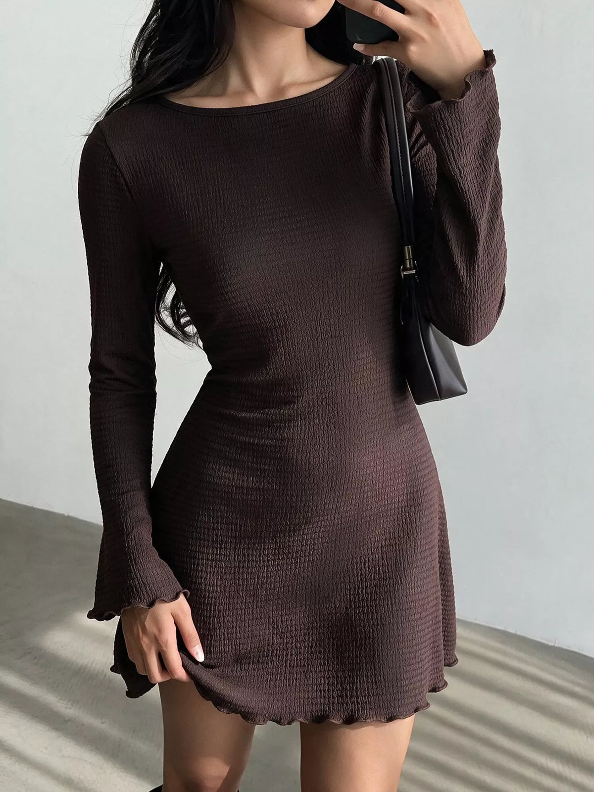 Long-Sleeve Waffle Knit Bodycon Mini Dress - Lilixa.store