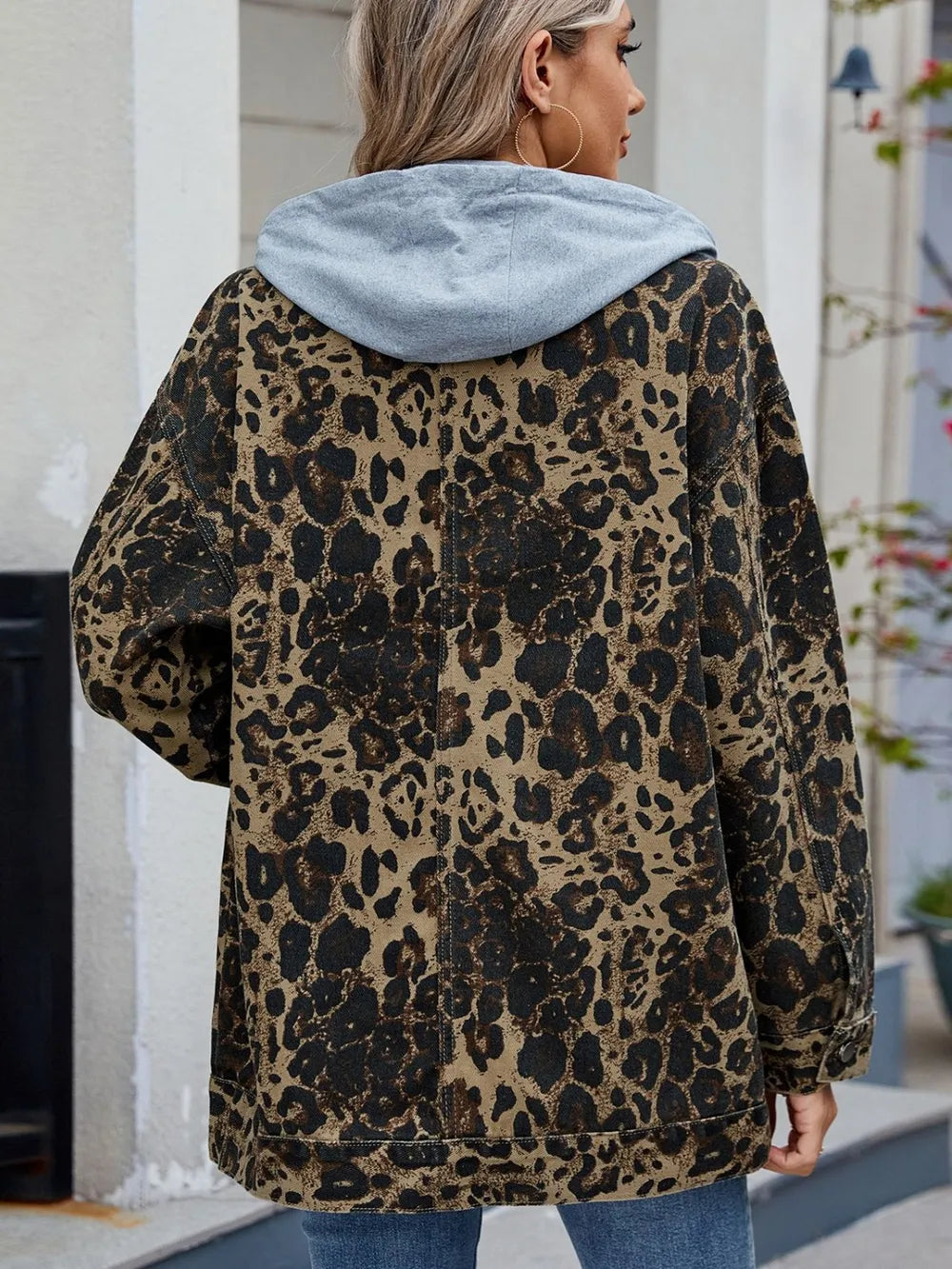 Leopard Button Up Drop Shoulder Denim Jacket, view 8