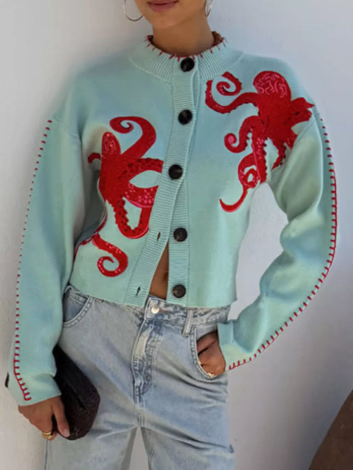 Octopus Button Up Cropped Cardigan in Light Green