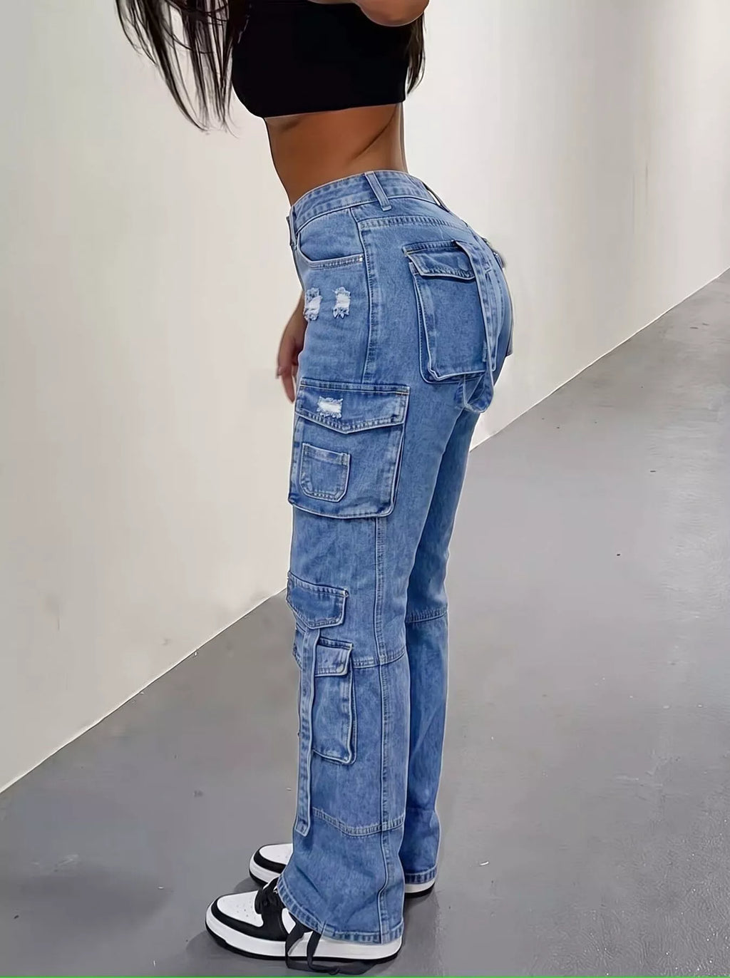 High-Waisted Distressed Cargo Jeans - Lilixa.store