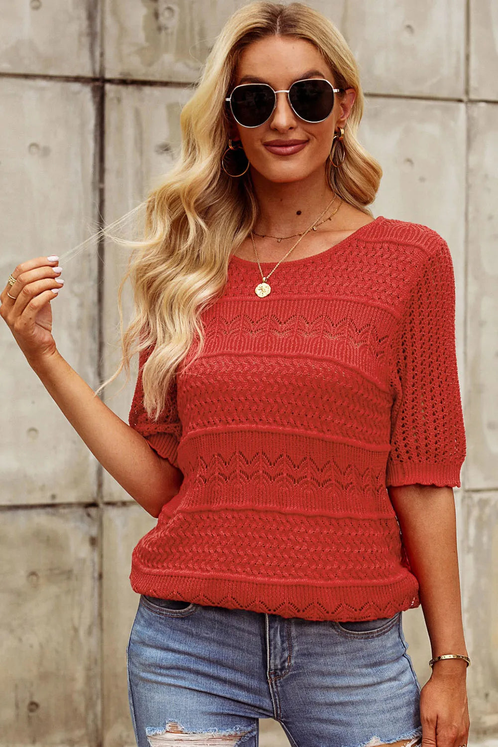 Openwork Round Neck Half Sleeve Knit Top - Lilixa.store