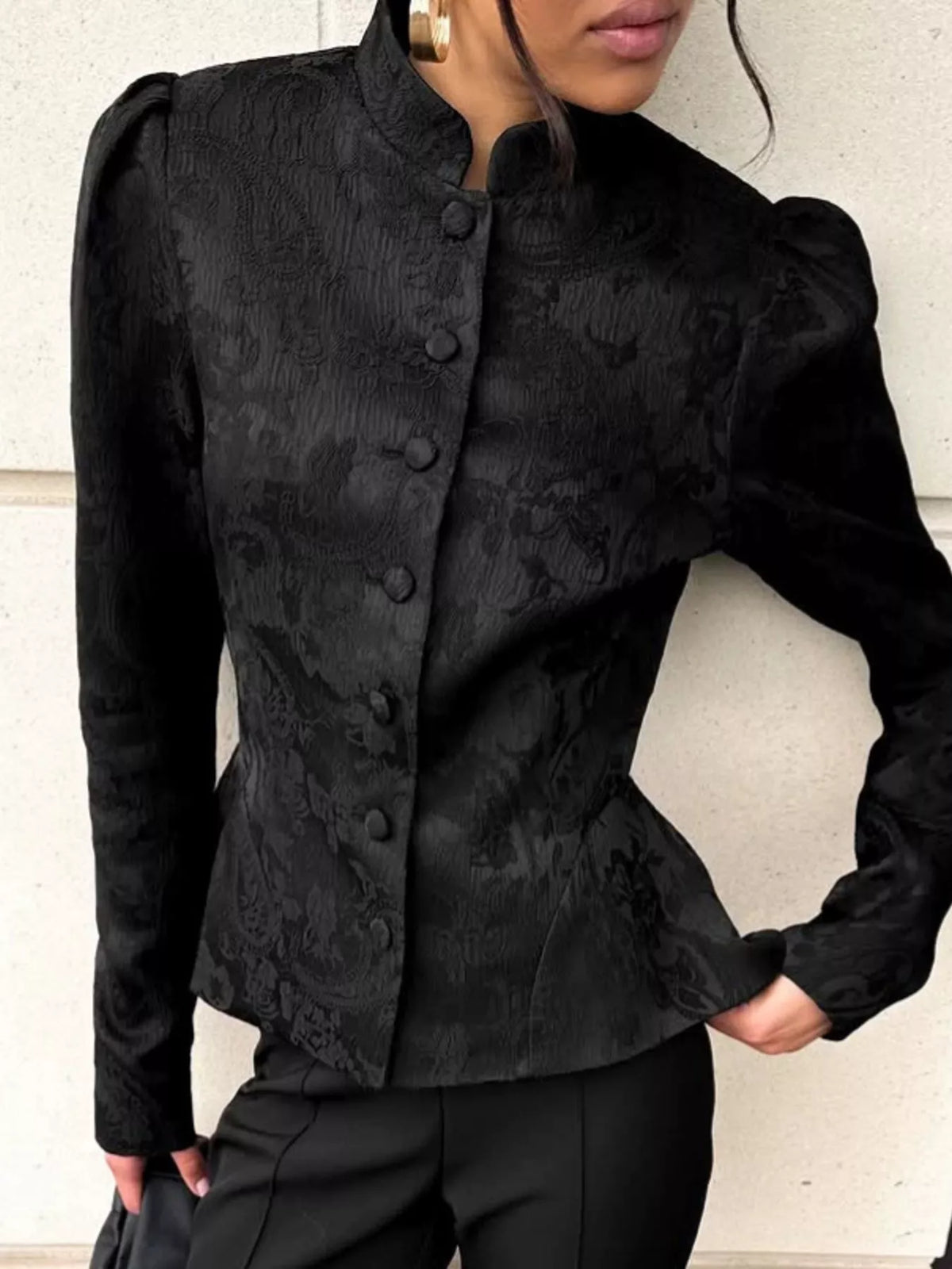 Jacquard Peplum Puff Sleeve Outerwear - Lilixa.store