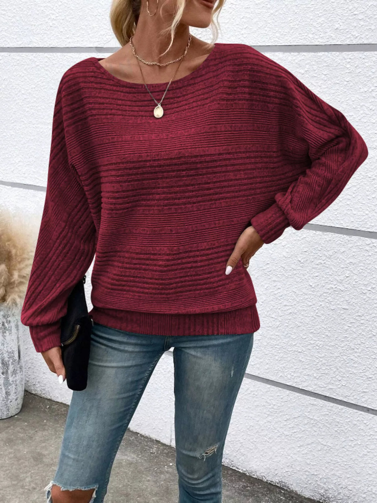 Ribbed Round Neck Long Sleeve Top - Lilixa.store
