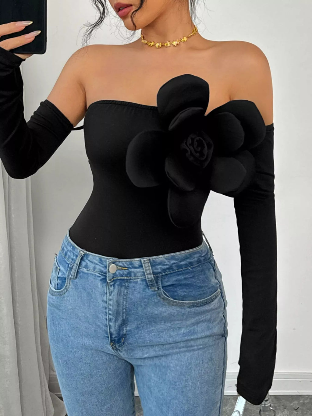 Flower Off-Shoulder Long Sleeve Bodysuit - Lilixa.store
