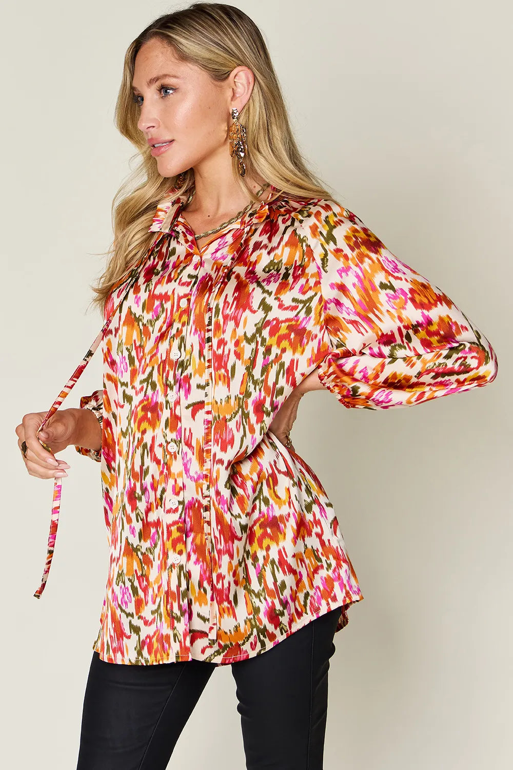 Double Take Full Size Printed Button Up Long Sleeve Shirt - Lilixa.store