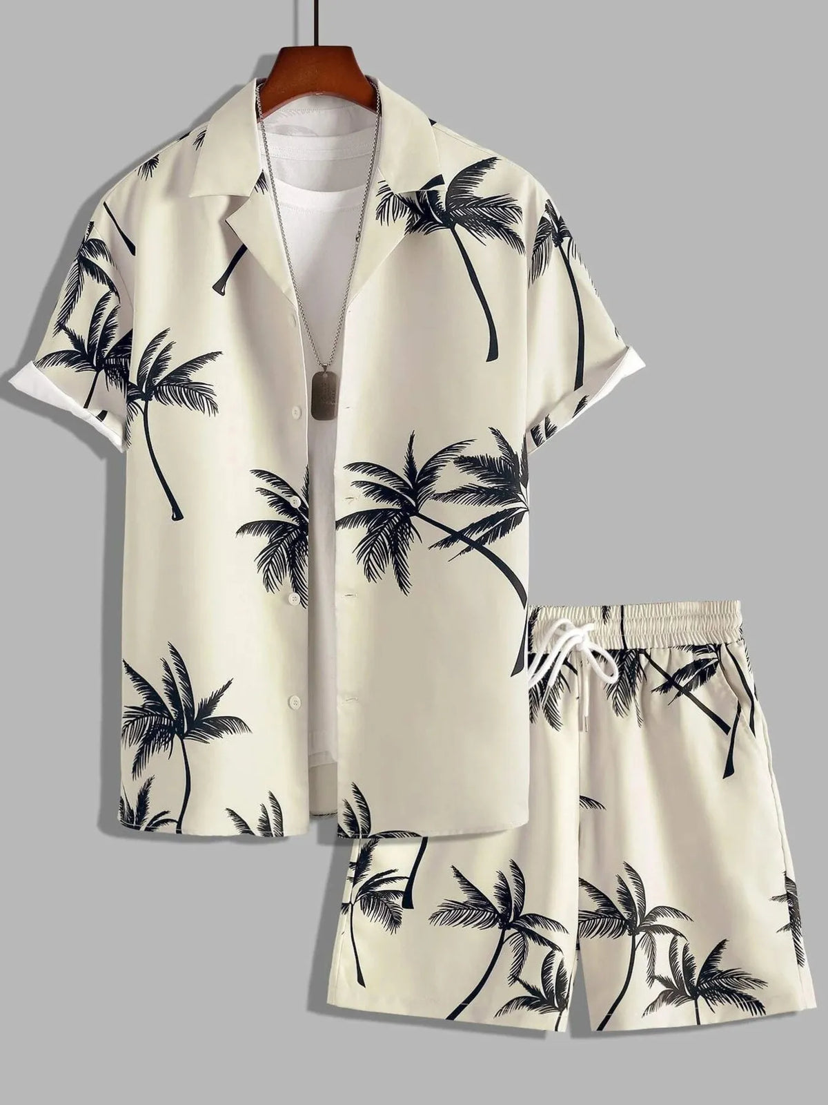 Men's Full Size Palm Print Button Up Shirt and Shorts Set Plus Size in Beige