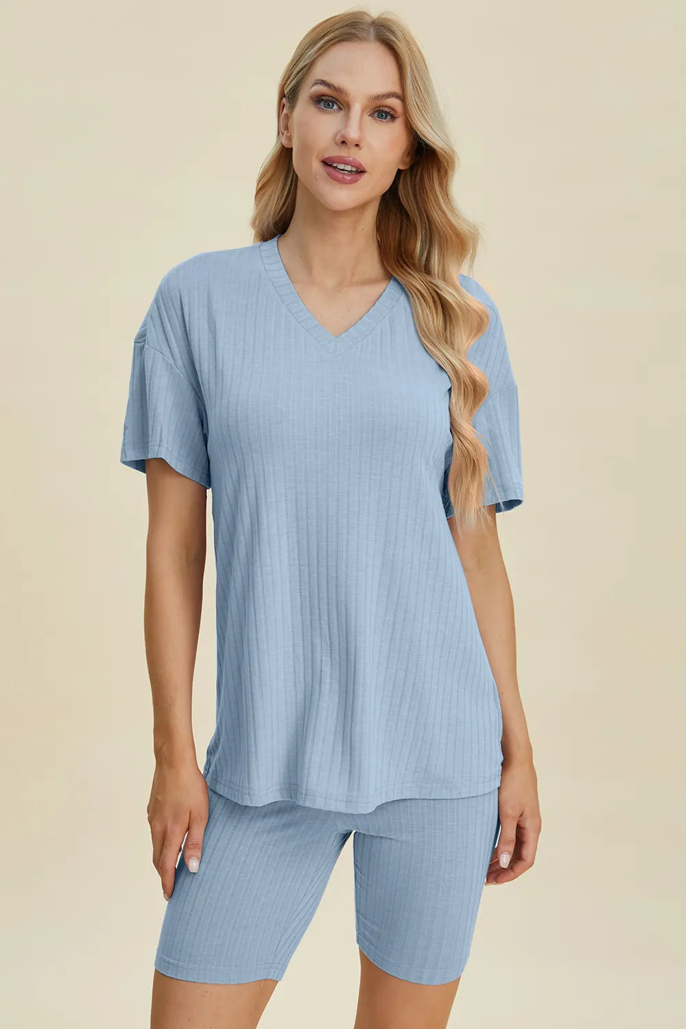 Basic Bae Full Size Ribbed V-Neck Short Sleeve Top and Shorts Set - Lilixa.store