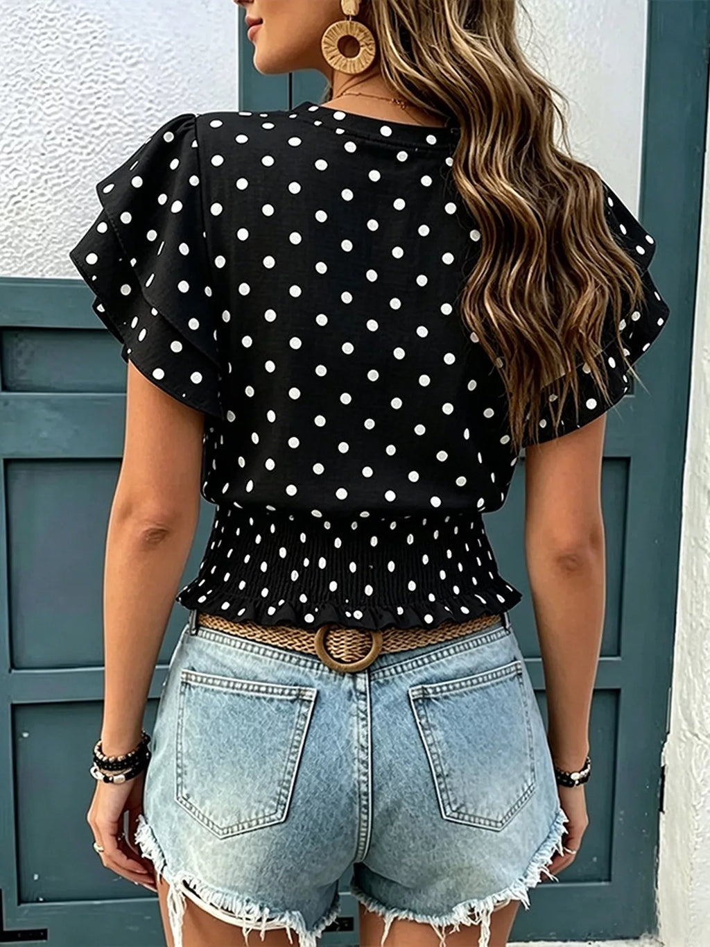 Polka Dot Ruffle Sleeve Blouse - Lilixa.store