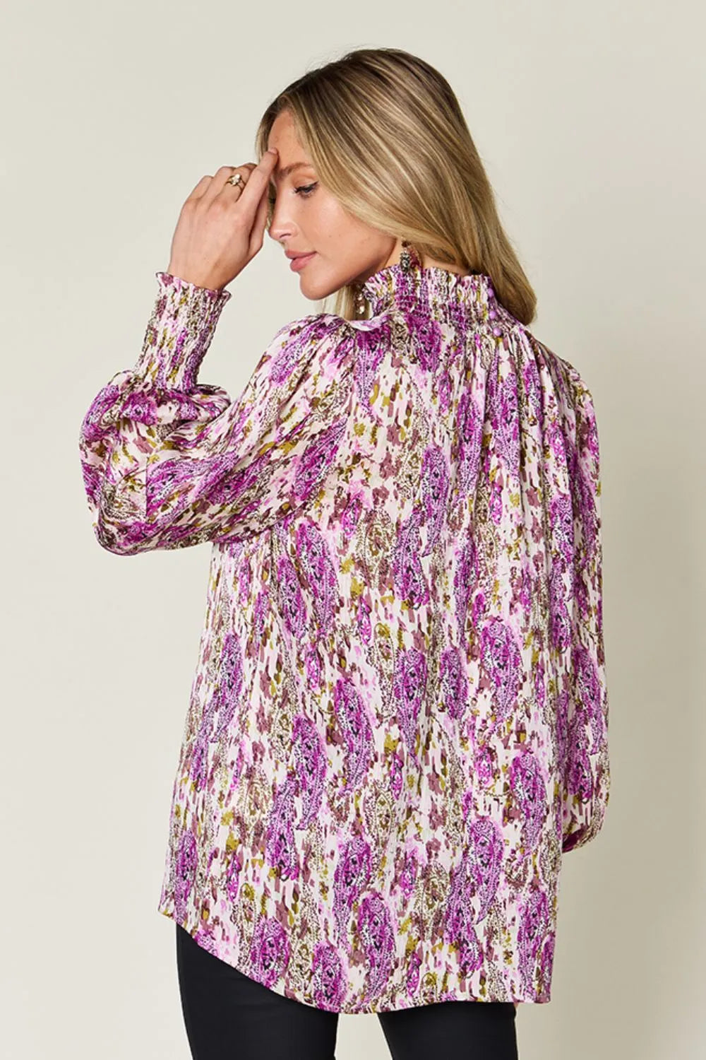 Double Take Full Size Printed Smocked Long Sleeve Blouse - Lilixa.store